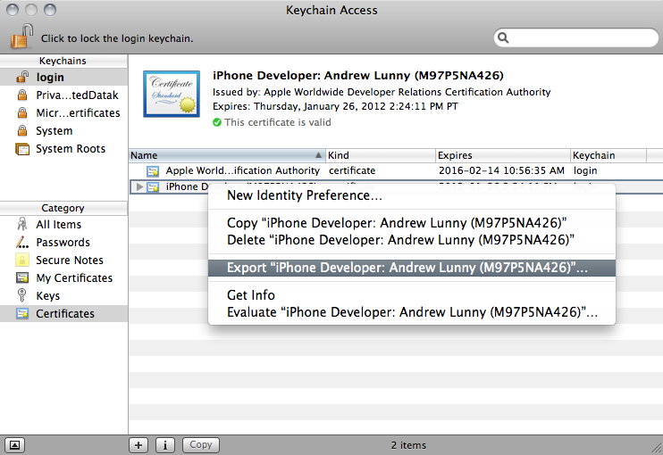 Keychain export