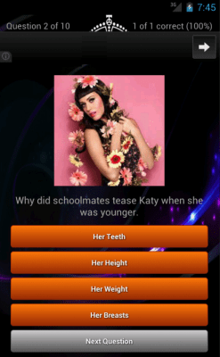 Screenshot of the application Katy Perry Quiz Lyrics Game - #3