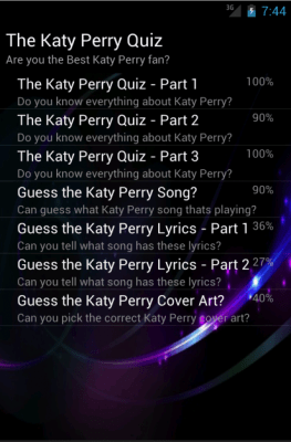 Screenshot of the application Katy Perry Quiz Lyrics Game - #6