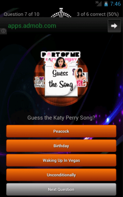 Screenshot of the application Katy Perry Quiz Lyrics Game - #10