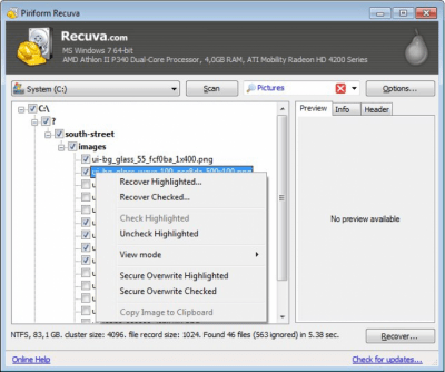 Screenshot of the application Recuva - #3