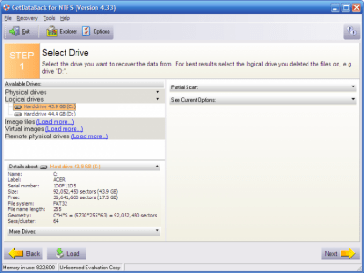 Screenshot of the application GetDataBack - #2