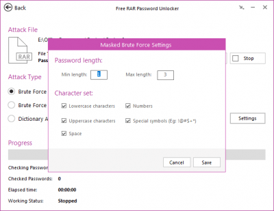 Screenshot of the application Free RAR Password Unlocker - #2