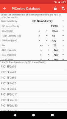 Screenshot of the application PICmicro Database - #5