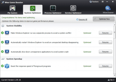 Screenshot of the application Wise Game Booster - #2