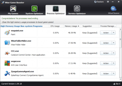 Screenshot of the application Wise Game Booster - #3